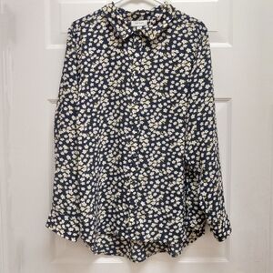 Floral Button Front Top Blue 2X Long Sleeves Cottagecore Casual Workwear On 34th